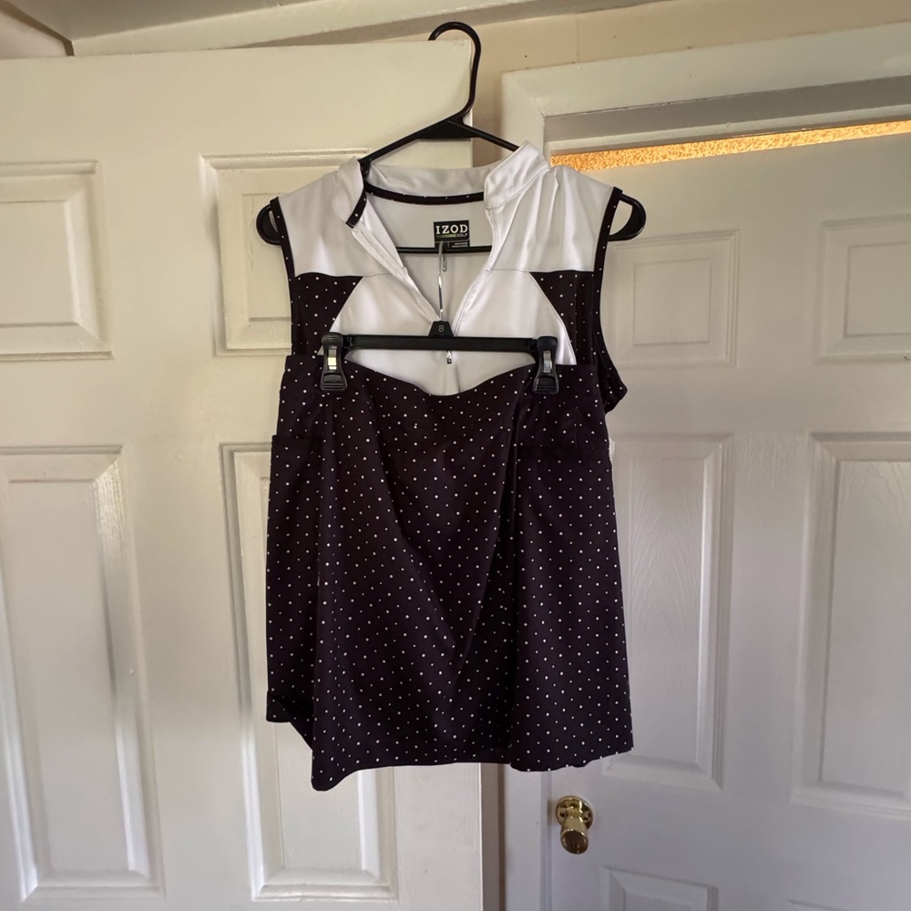 IZOD Black and White Polka Dot Sleeveless Top and Skort Golf Set